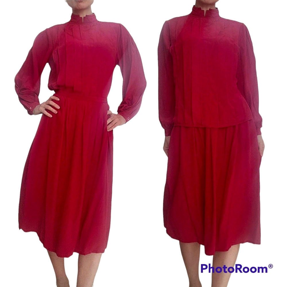 Vintage Burgundi Silk Midi Flare Skirt Set With long Balloon Sleeve Blouse Size